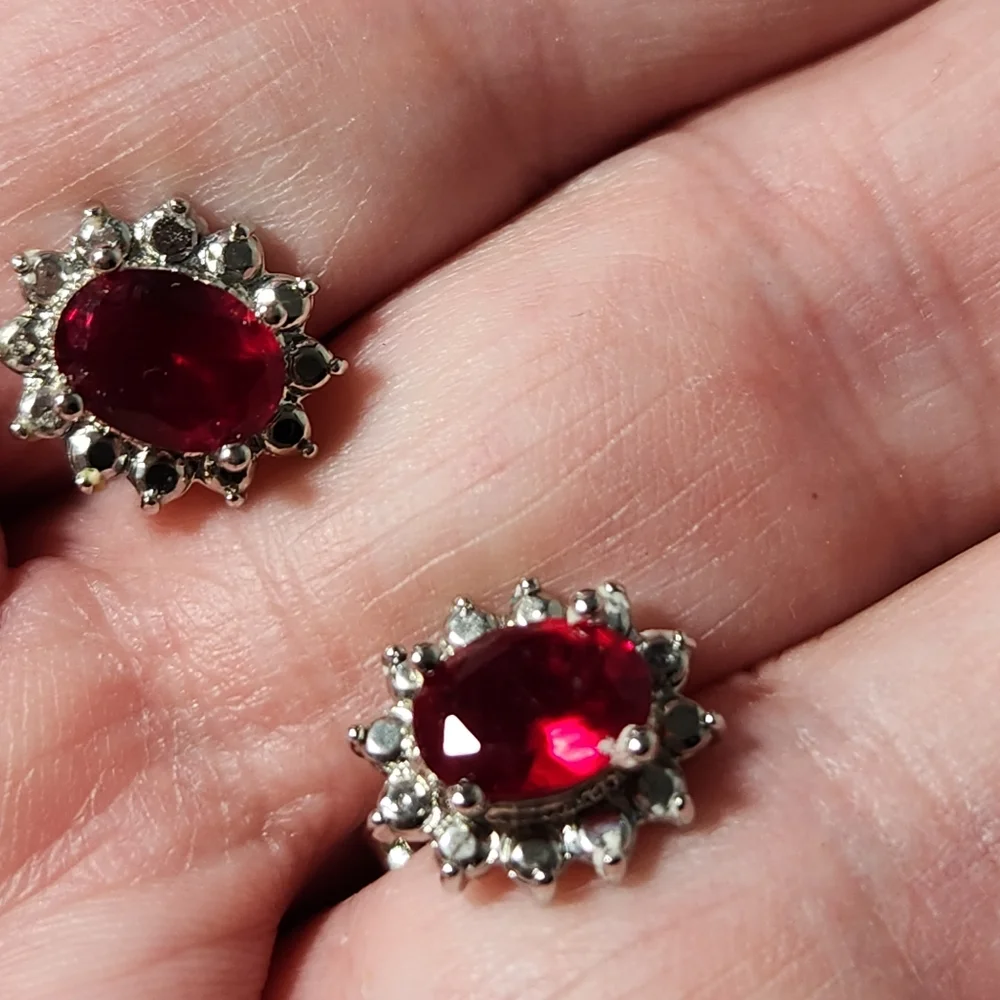 Faux Silver Diamond & Ruby Post Stud Pierced Earrings